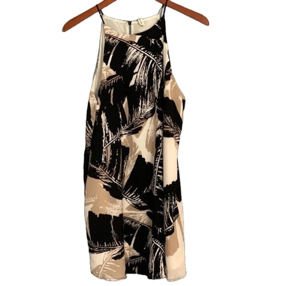 Tyche Halter, Satin Slip Dress, Abstract Leaf Print, Neutral, Cream, Black, L - Picture 1 of 13